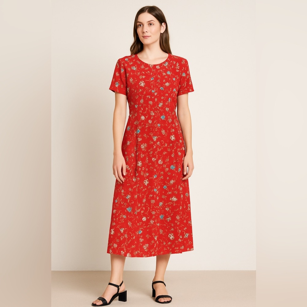 Vintage 90s J. Stevens Red Floral Midi Dress 12 Retro Cottagecore Teacher Boho